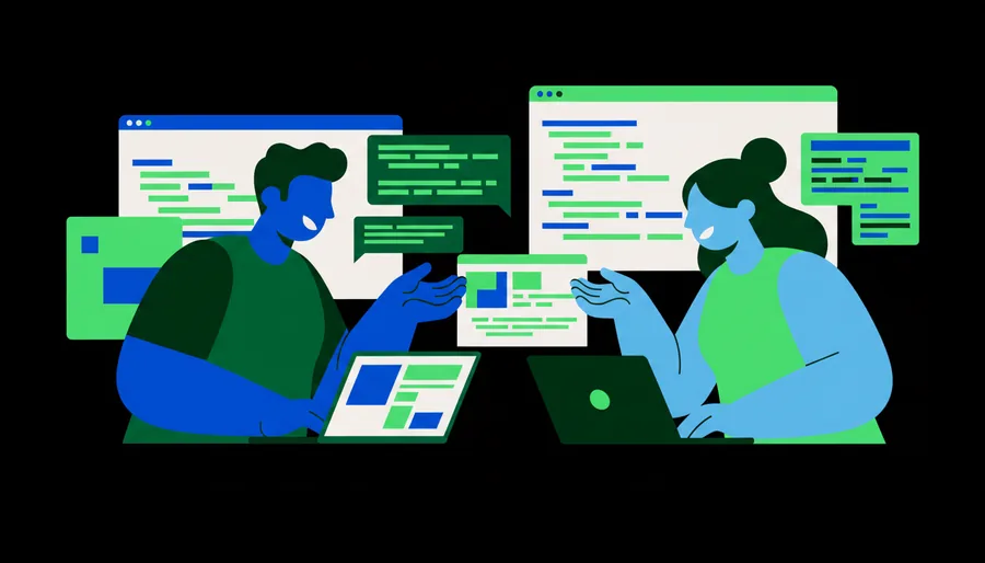 Ilustração: duas pessoas desenvolvedoras programando juntas