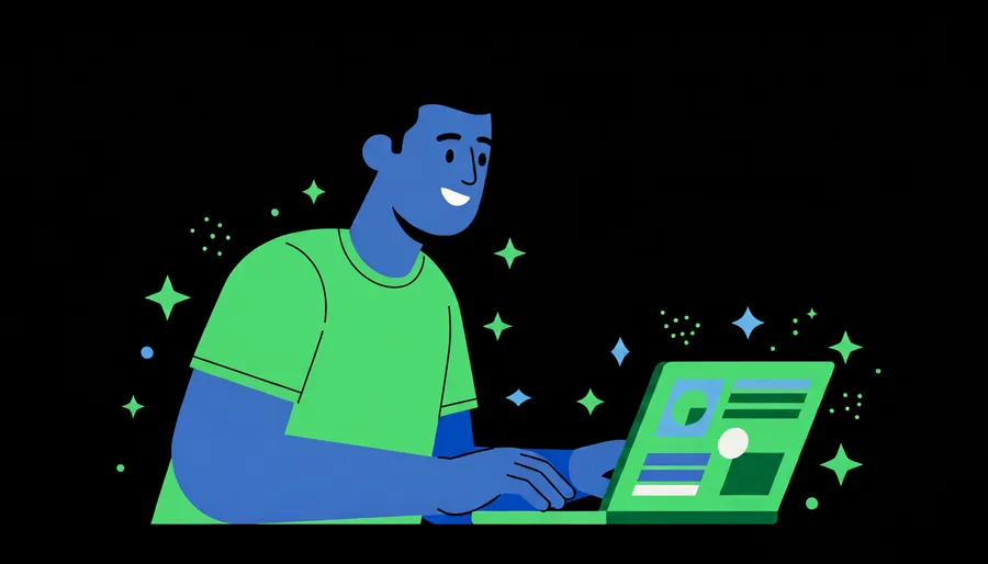 Ilustração: pessoa trabalhando feliz no laptop, cercada de brilhos valiosos