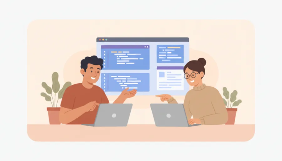 Ilustração: duas pessoas desenvolvedoras programando juntas