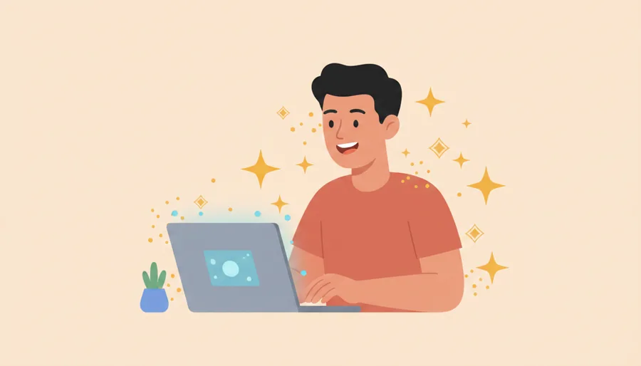 Ilustração: pessoa trabalhando feliz no laptop, cercada de brilhos valiosos