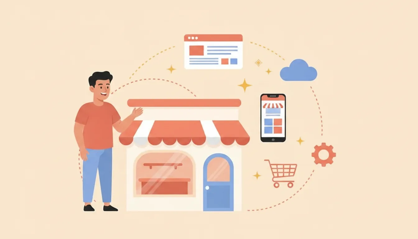 Ilustração: dono de negócio ao lado de uma loja conectada por linhas a site, celular, carrinho de compras e nuvem