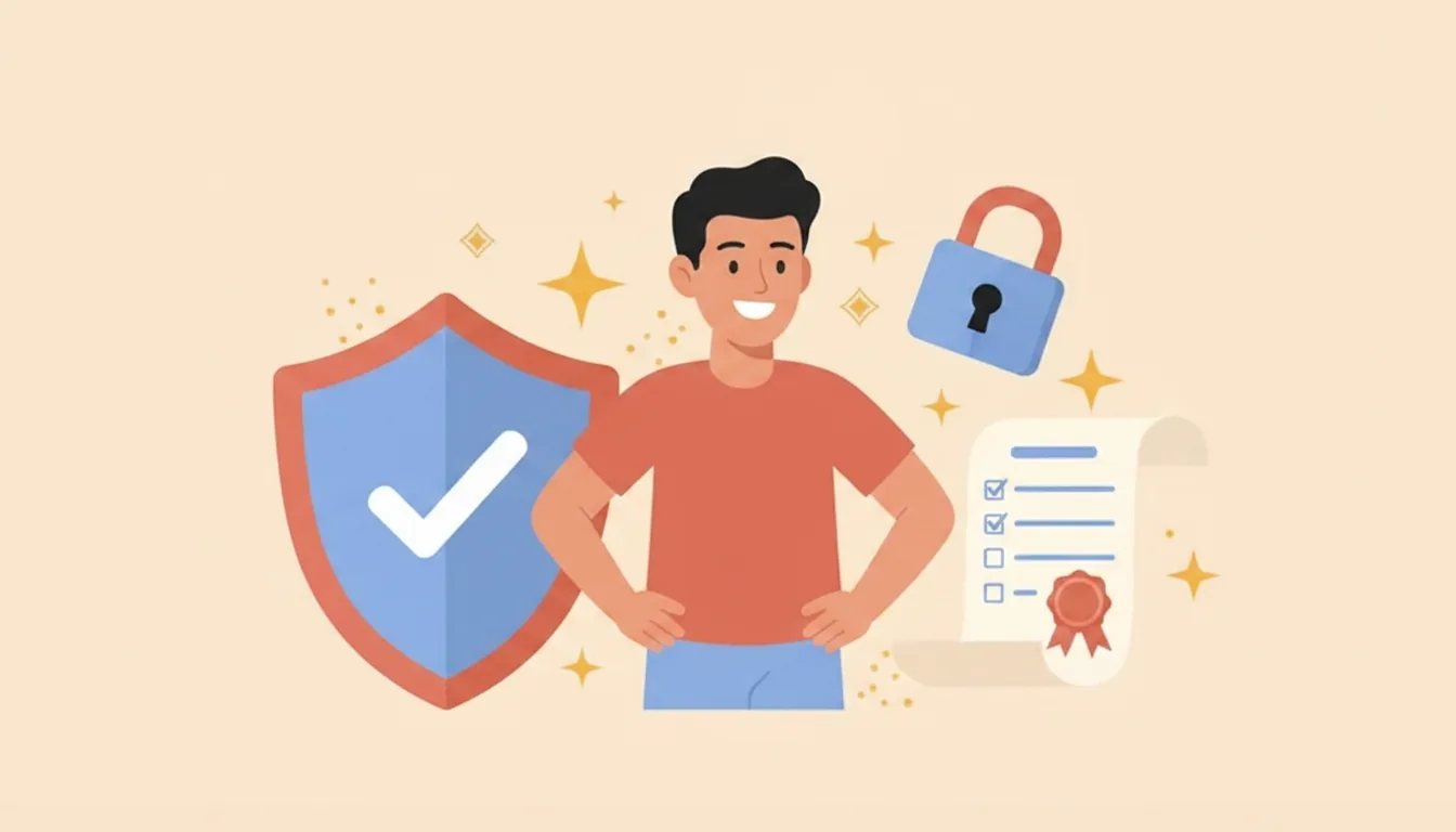 Ilustração: pessoa confiante ao lado de um escudo com selo de verificado, cadeado e documento de conformidade